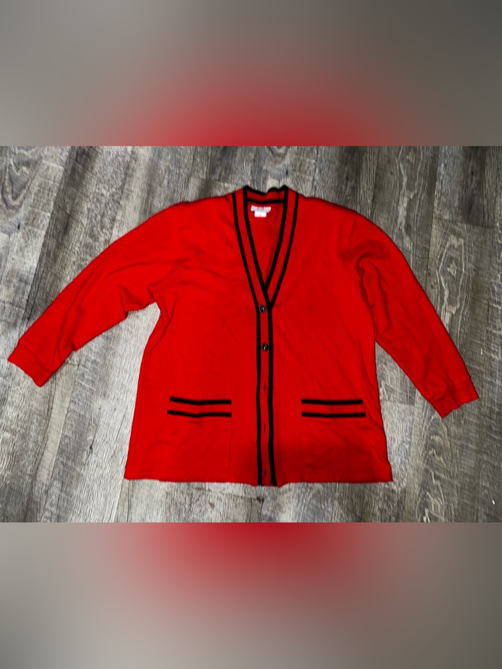 Red V-Neck Button Cardigan Sweater with Black Trim